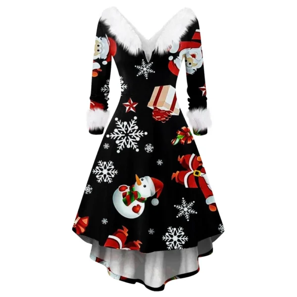 Women's Fashion V-neck Casual Fit Christmas Print Party Long Sleeve Dress - Image 14
