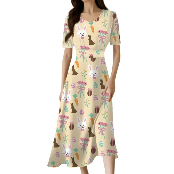 Ladies Casual Fashion Gradient Print V-Neck Short Sleeve Waist Long Swing Dress - Image 9