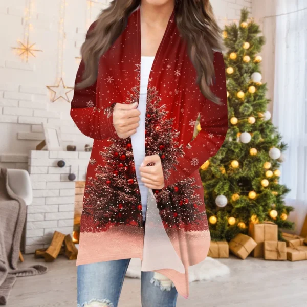 Women's Cardigan Christmas Printed Jacket Casual Medium Length Fashion Coat - Image 34