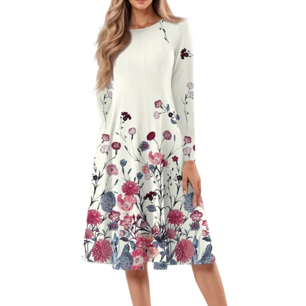 Women's Casual Fashion Round Neck Long Sleeve Print Midi Dress - Image 29