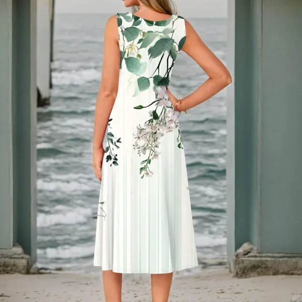 Women's Casual Fashion Floral Print Round Neck Sleeveless Solid Color Midi Dress - Image 11