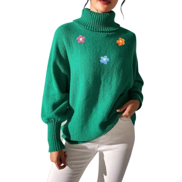 Women's  Fall And Winter Solid  Hand   Crochet Flower Splicing Turtleneck - Image 5