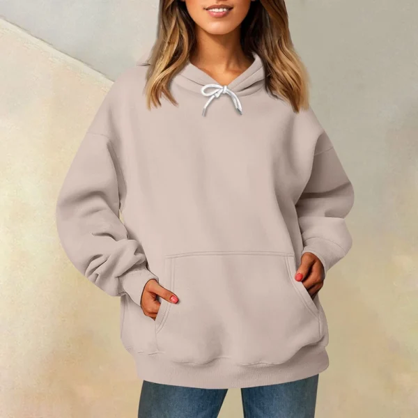 Ladies' Fashionable Casual Long Sleeved Round Neck Hooded Solid Color Hoodie - Image 22