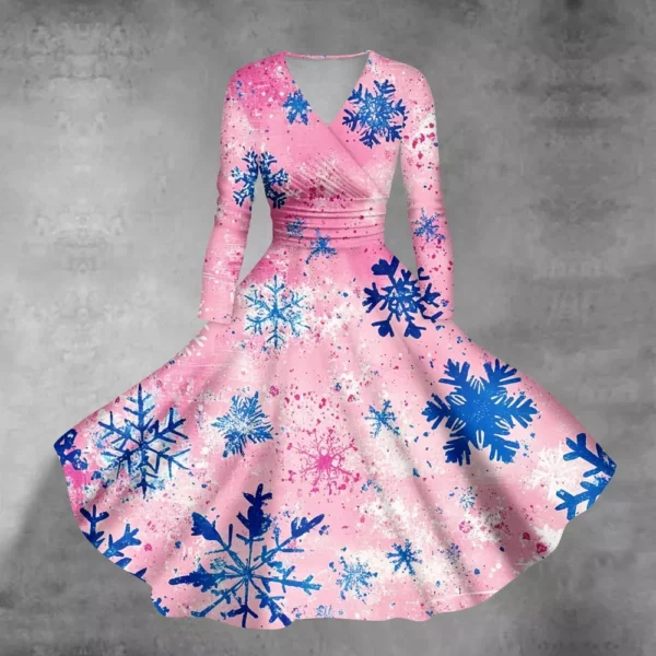 Women's Casual V-Neck Slim Fashion Christmas Long Sleeve Printed Dresses - Image 34