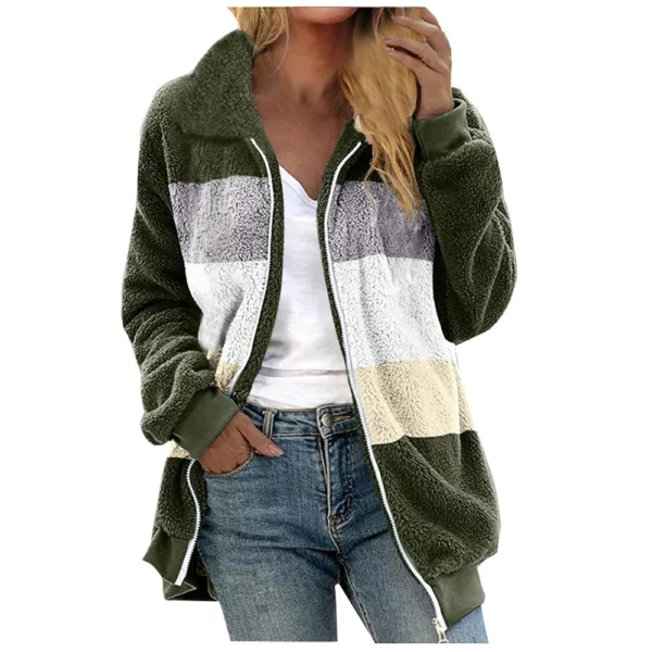 Women's Casual Color Blocking Loose Plush Zippered Flip Collar Jacket With - Image 14