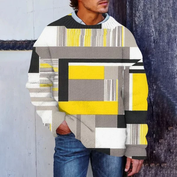 Men'S Printed Synthetic Sweater Round Neck Sportswear Loose Long Sleeved Top - Image 25