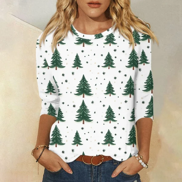 Ladies Loose Printed Casual T-Shirt Round Neck 3/4 Sleeve Christmas Women's Top - Image 43