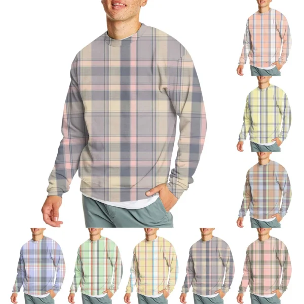Men's Casual Fashion Comfortable Plaid Round Neck Pullover Sweatshirt Sweatshirt