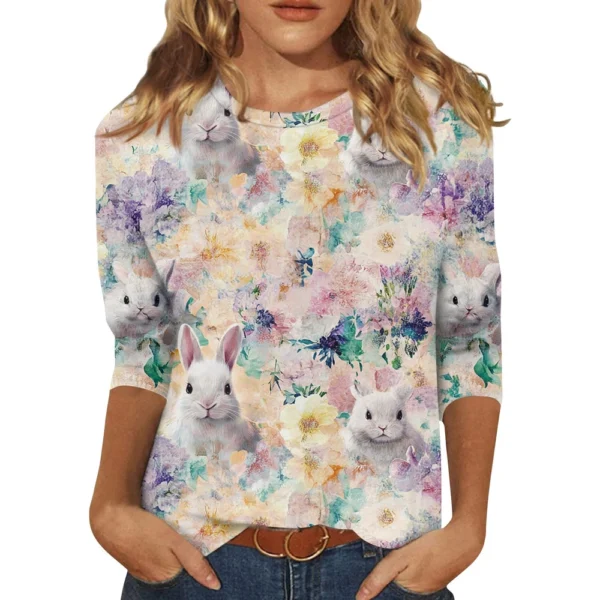 Women's Casual Fashion Easter Tops Plus Size Printed Basic 3/4 Sleeve Pullover - Image 14