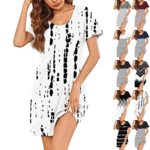 Womens Summer Dresses Short Sleeve Linen Casual T-Shirt Dresses Swing Beach