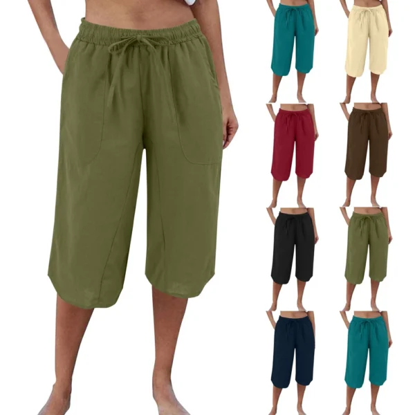 Womens Casual Cotton Hemp High Waist Drop Wide Legs With Drawstring Fifth Pants - Image 2