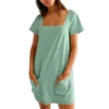 Women's Solid Color Square Collar Short Sleeve Fashion Skirt Pocket Casual Dress - Image 22