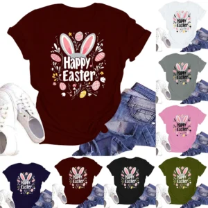 Happy Easter Women's Fashion Printed Round Neck Short Sleeve T-Shirt Pullover