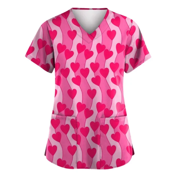 Women's Valentine's Day Printed  Uniform Work Uniform V-Neck Pocket Protective - Image 16