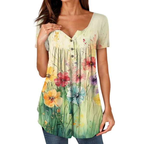 Women Tunic Tops Dressy Casual Summer Short Sleeve Shirts Loose Fit Pleated - Image 10