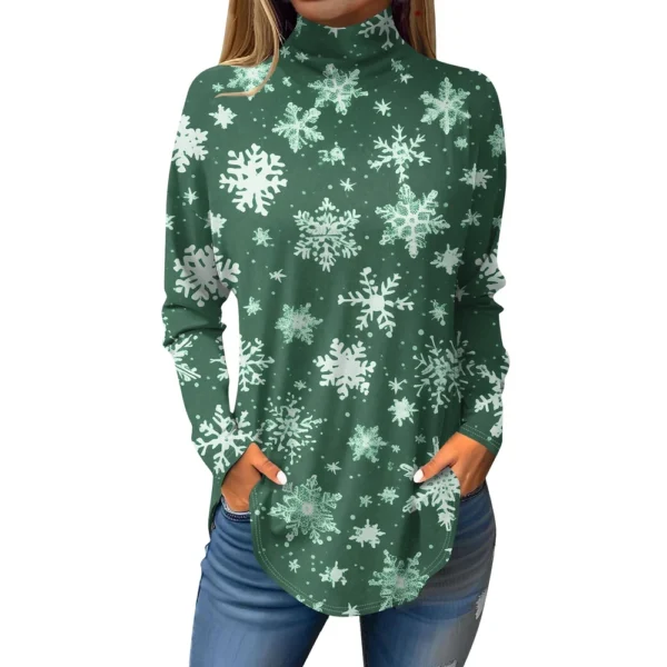 Women's Casual Printed High Neck Fashion Long Sleeve Pullover Christmas T-Shirt - Image 17