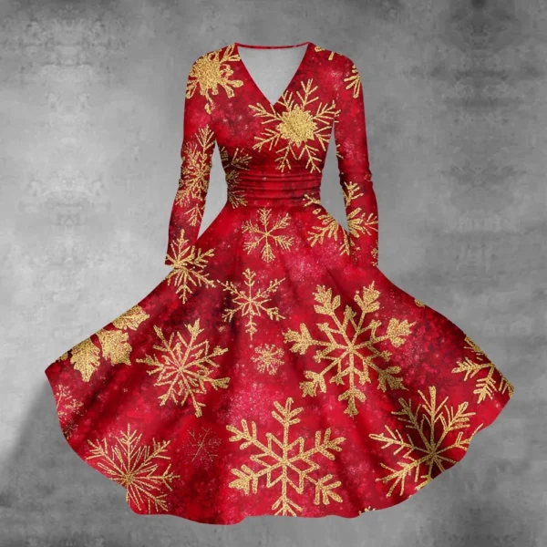 Women's Casual V-Neck Slim Fashion Christmas Long Sleeve Printed Dresses - Image 61
