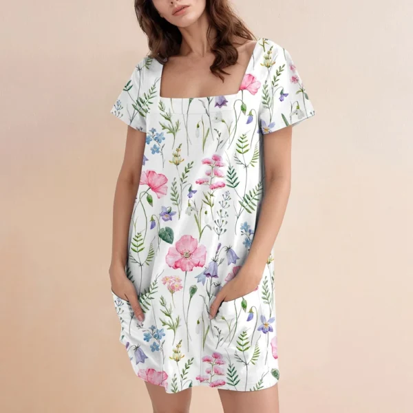 Women's Square Collar Short Sleeve Fashion Skirt Floral Print Pocket Casual - Image 34