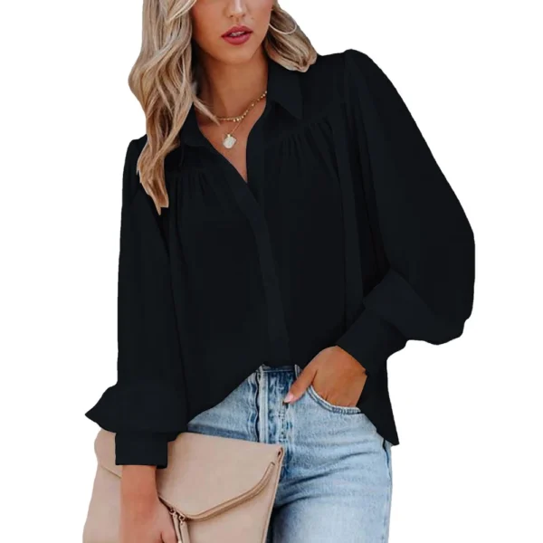Button-down top pleated solid color stand-up collar women's clothing - Image 7