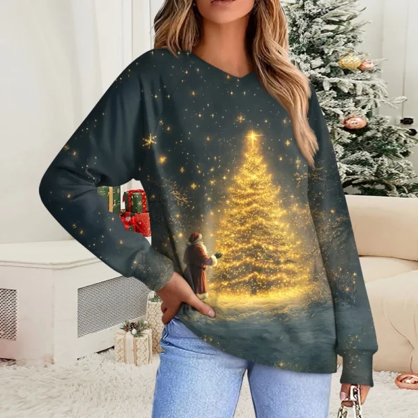 Women's Casual Fashion Comfortable Raglan Sleeve V-Neck Christmas Print - Image 25