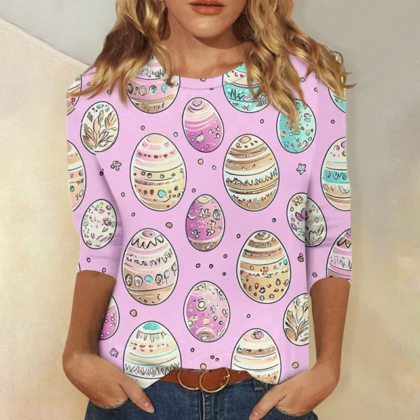 Women's Casual Fashion Easter Tops Plus Size Printed Basic 3/4 Sleeve Pullover - Image 22