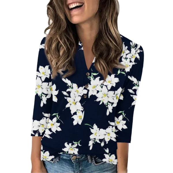 Women's Fashion Casual Loose 3/4 Sleeve Printed Round Neck Top - Image 11