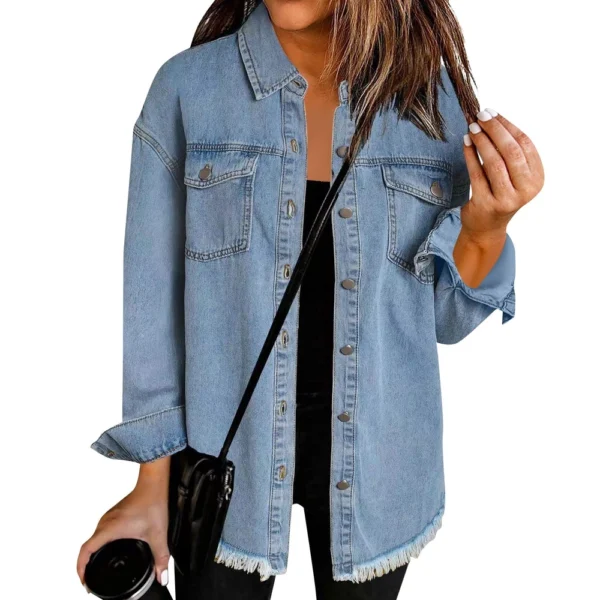 Women's Fashion Denim Shirt Jacket Milled Hem Button Casual Long Sleeve Jacket - Image 17