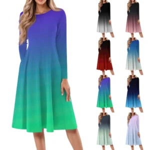 Women's Casual Fashion Round Neck Long Sleeve Print Midi Dress