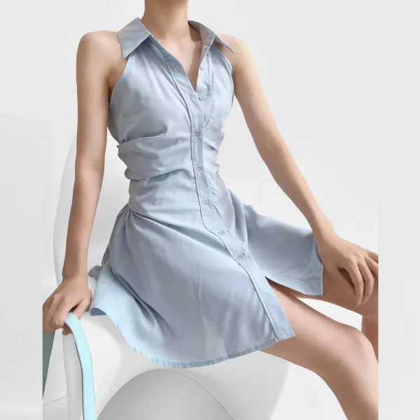 Women's Dresses Lapel Single-breasted Sleeveless Pleated Waist Casual - Image 7