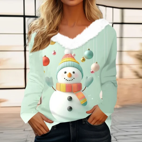 Women's Long Sleeve Christmas Printed Party Plush Neck Wide Casual V-Neck Top - Image 25