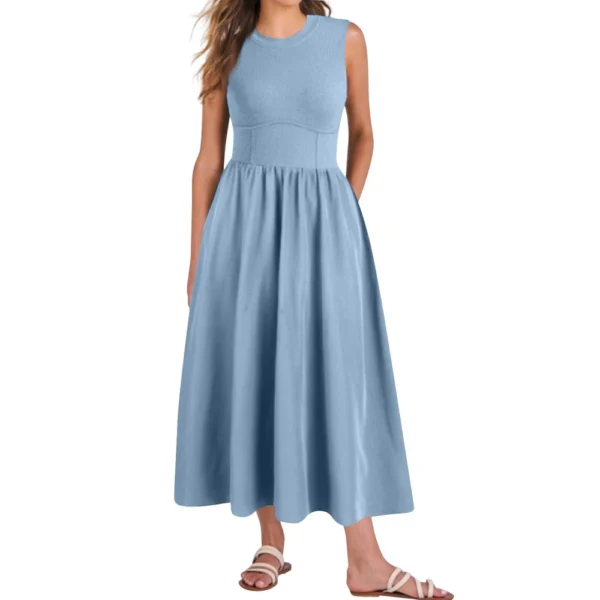 Women's Casual Fashion Round Neck Sleeveless Solid Irregular Hem Midi Dress - Image 5