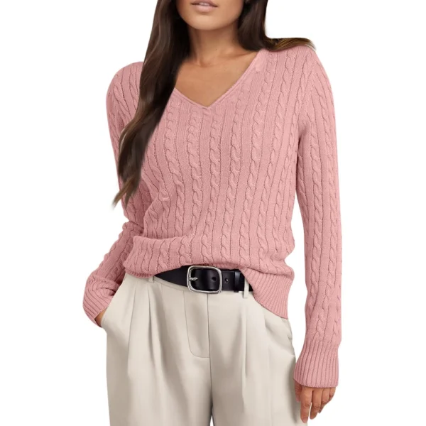 Women's Cable Knit V Neck Sweater Lightweight Soft Pullover Sweaters - Image 19