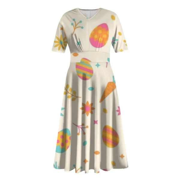 Ladies Casual Fashion Gradient Print V-Neck Short Sleeve Waist Long Swing Dress - Image 11
