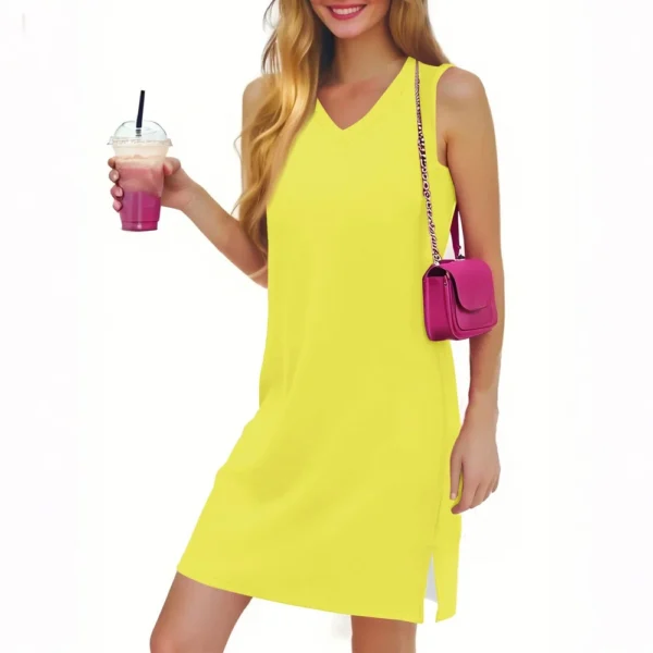 Women's Casual Fashion Sexy V-neck Sleeveless Solid Color Hem Slit Dress - Image 35