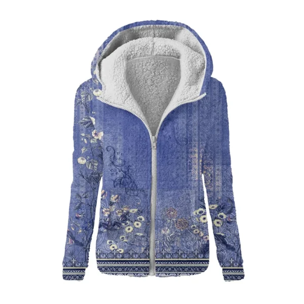 Women's Fashion Retro Floral Print Hooded Plush Casual Top Zipper Jacket - Image 4