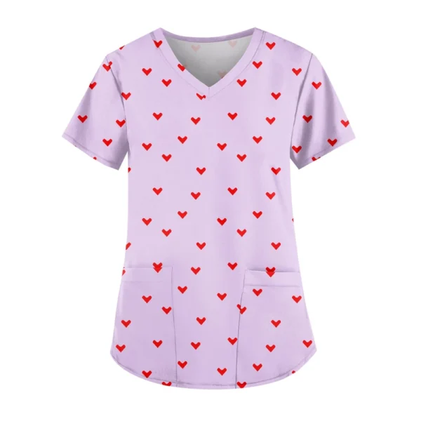 Women's Cute Printed Work Clothes V-neck Double Layer Pockets Basic Short - Image 39