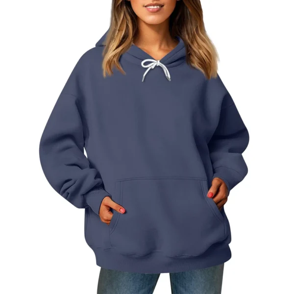 Ladies' Fashionable Casual Long Sleeved Round Neck Hooded Solid Color Hoodie - Image 29