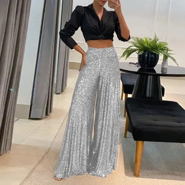 Women's Fashion Casual High Waist Thin Trousers Solid Colour Sequin Wide Leg - Image 19