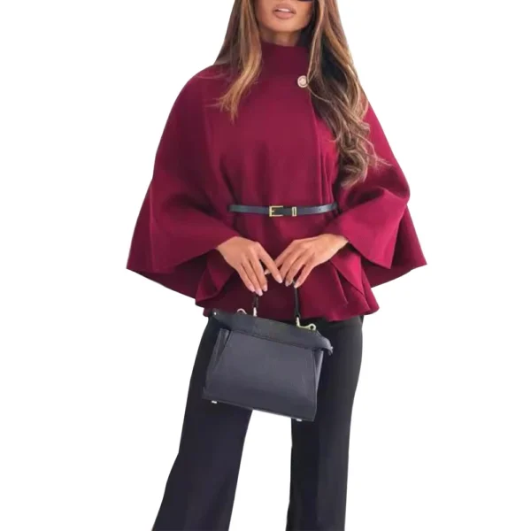 Women's Fashion Solid Waist Tie Woolen Cape Coat - Image 2