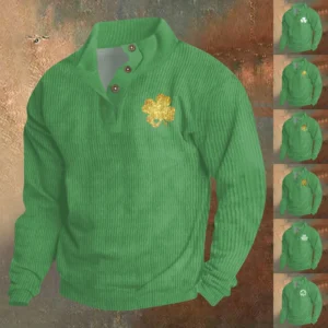 Knit Printed 3 Button - Corduroy Men's Standing Collar Pocket Sweatshirt
