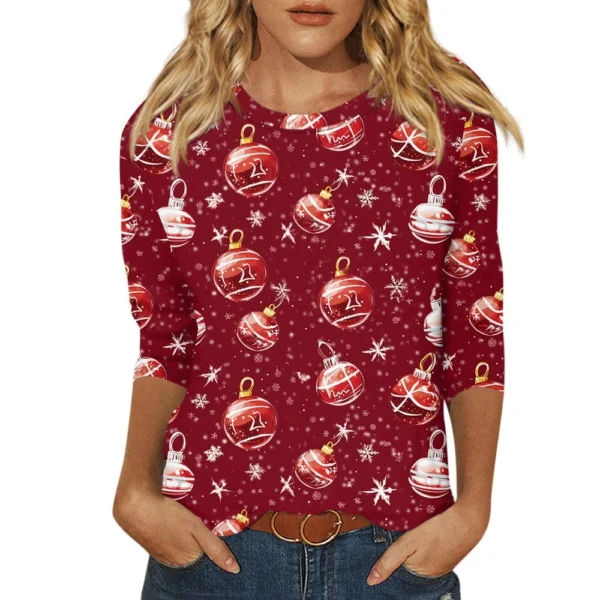 Ladies Loose Casual Round Neck T-Shirt Printed 3/4 Sleeve Christmas Women's Top - Image 4