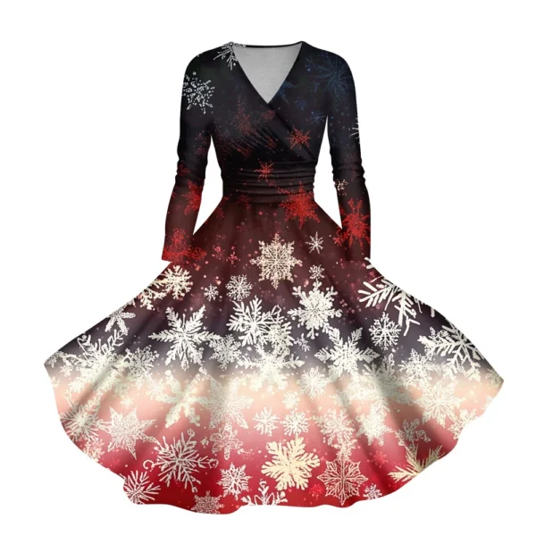 Women's Casual V-Neck Slim Fashion Christmas Long Sleeve Printed Dresses - Image 14