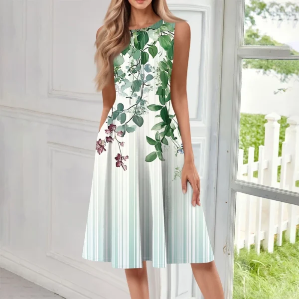 Women's Casual Fashion Floral Print Round Neck Sleeveless Solid Color Midi Dress - Image 25