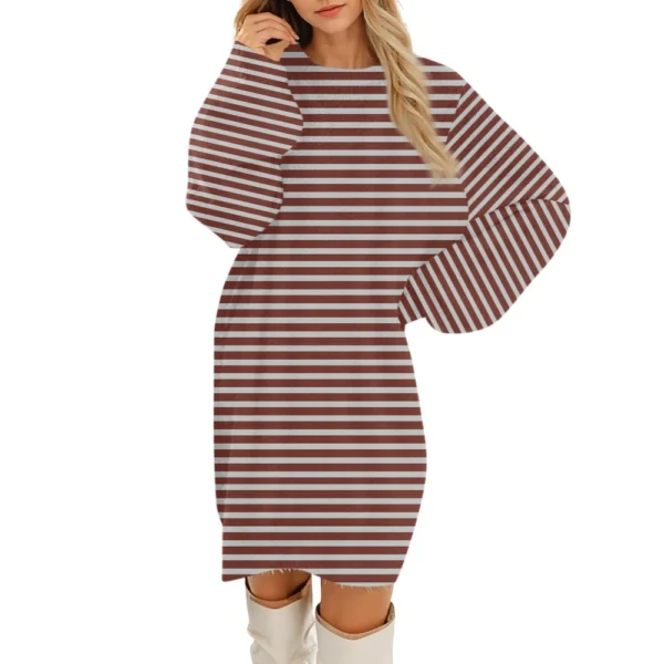 Women's Round Neck Casual Long Sleeve Plush Gradient Stripe Dresses - Image 11