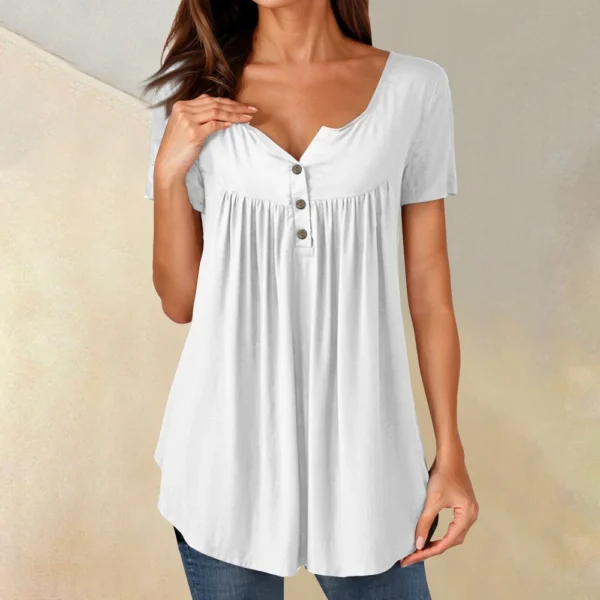 Women Tunic Tops Dressy Casual Summer Short Sleeve Shirts Loose Fit Pleated - Image 55
