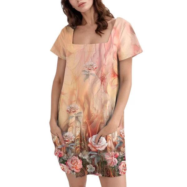 Women's Square Collar Short Sleeve Fashion Skirt Floral Print Pocket Casual - Image 22