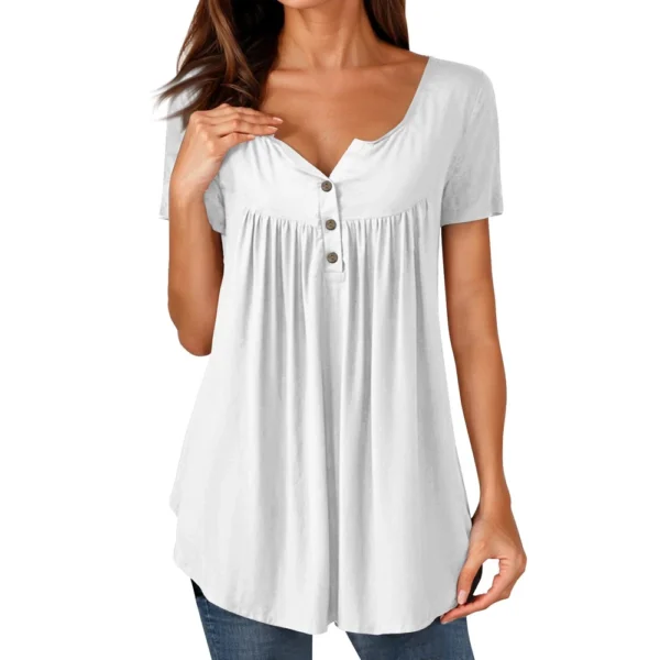 Women Tunic Tops Dressy Casual Summer Short Sleeve Shirts Loose Fit Pleated - Image 56
