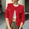 Women's Solid Color Round Neck Fashionable Button Decorated Short Jaket - Image 45