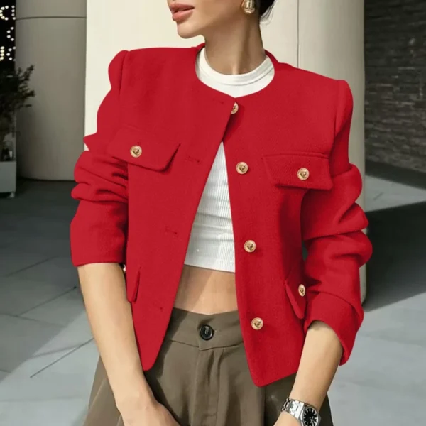Women's Solid Color Round Neck Fashionable Button Decorated Short Jaket - Image 45