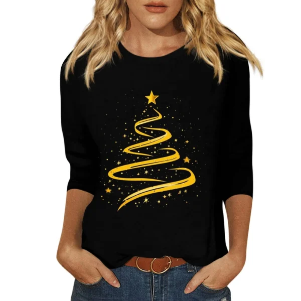 Ladies Loose Printed Casual T-Shirt Round Neck 3/4 Sleeve Christmas Women's Top - Image 14